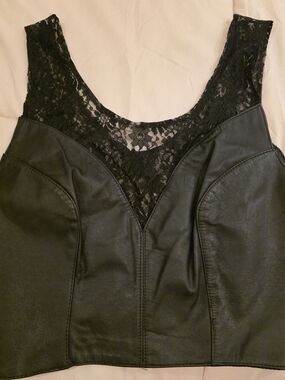 Black Lace-Trim Vintage Leather Tank Top